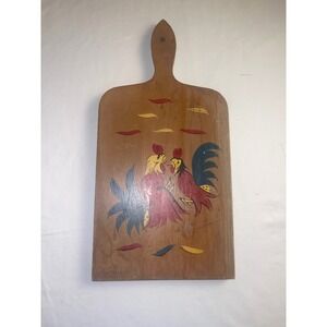 Vintage Wooden Cutting Board Hand Painted Roosters  Kitchen Cottagecore